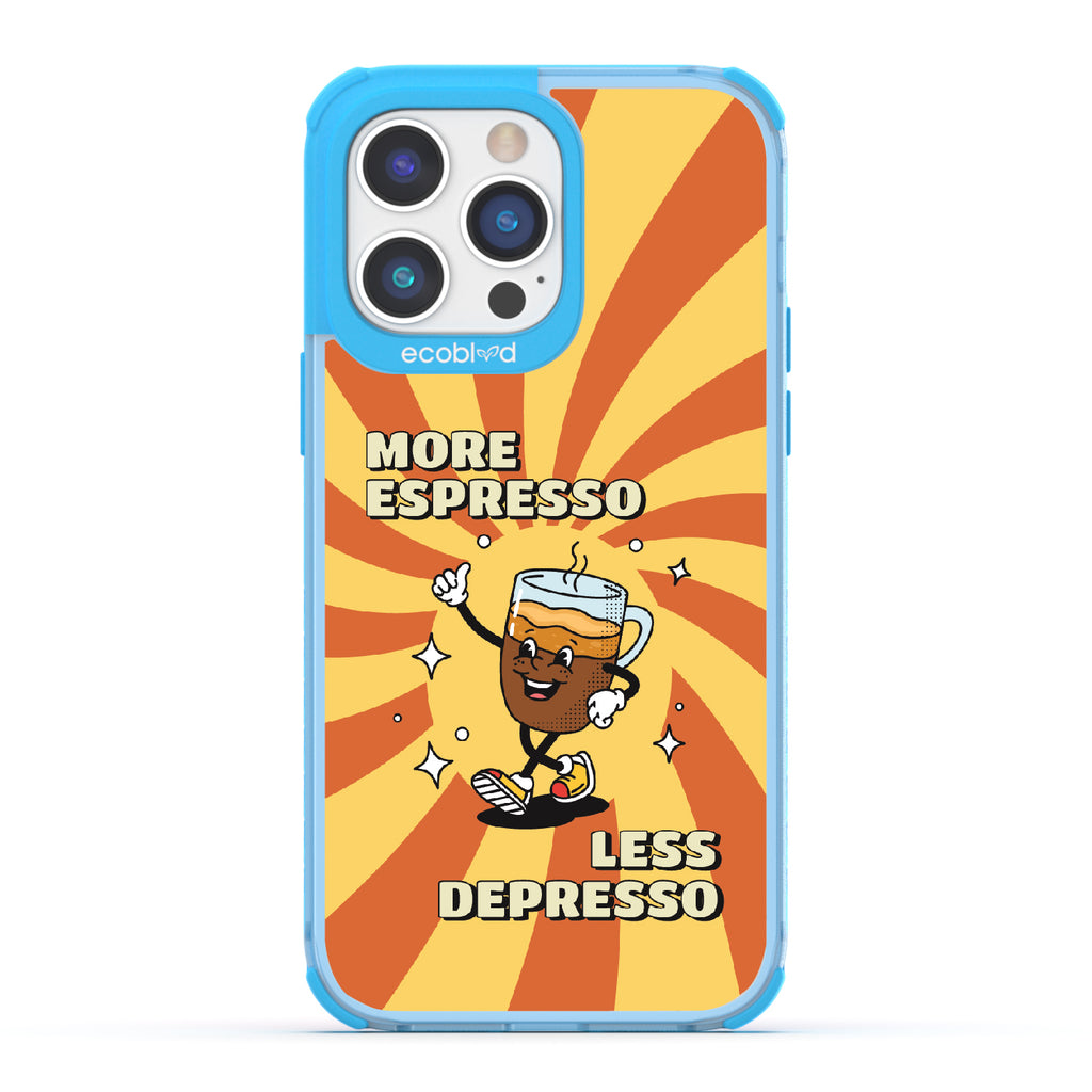 iPhone 14 Pro Max case, clear eco-friendly phone case with blue ridges, back view, More Espresso design