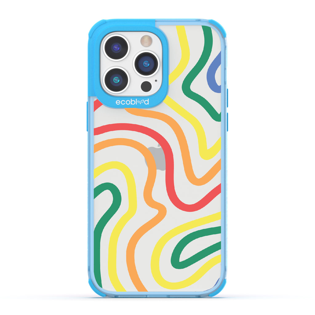 True Colors - Blue Eco-Friendly iPhone 14 Pro Case With Abstract Lines In Different Colors Of The Rainbow On A Clear Back