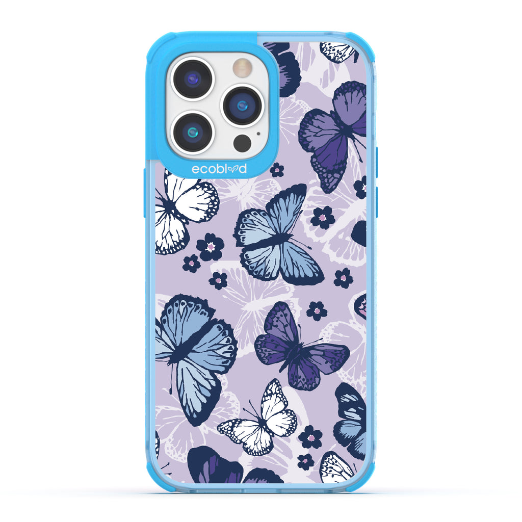 Deja Vu - Blue Eco-Friendly iPhone 14 Pro Case With Blue, White, Purple Butterflies & Flowers On A Purple / Clear Back