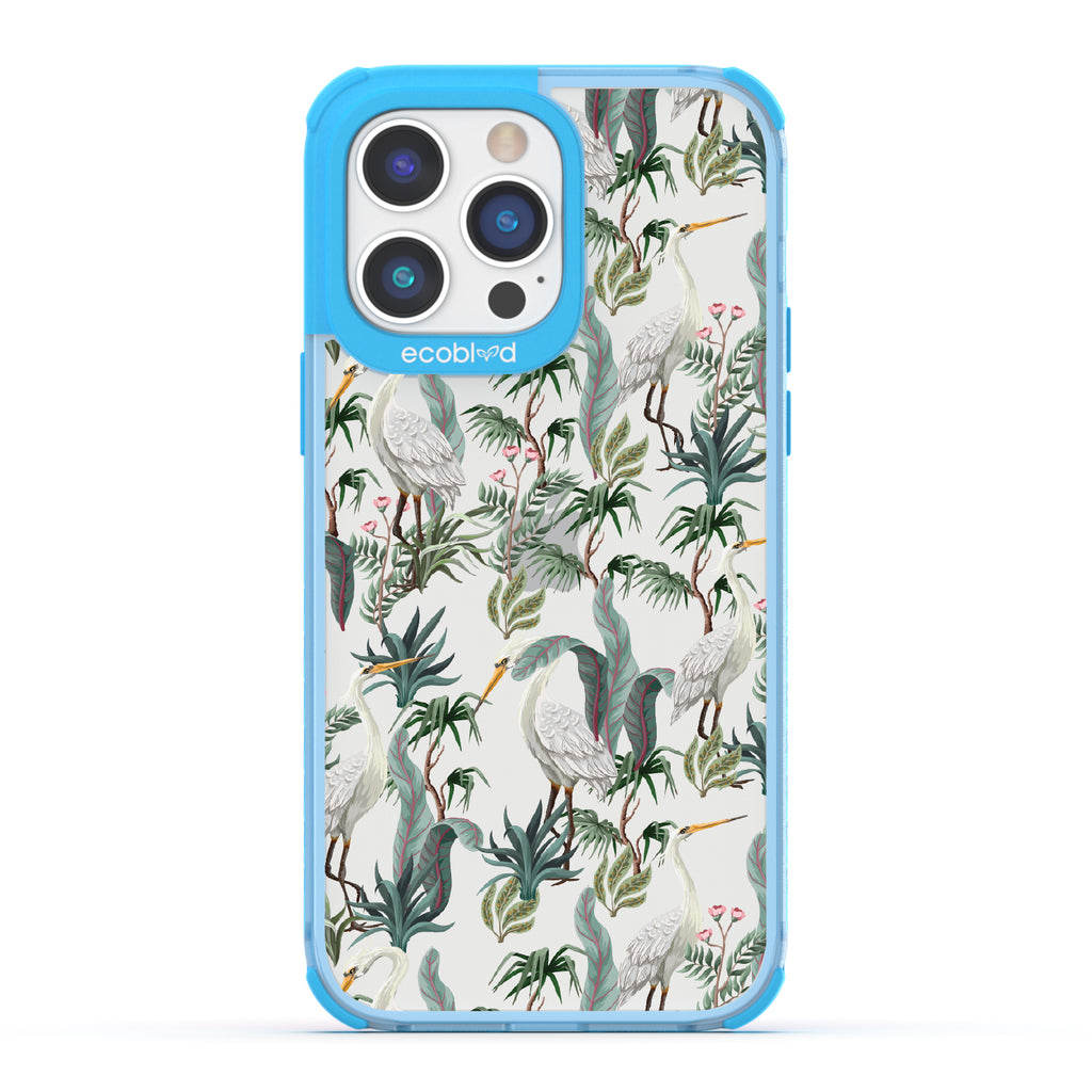 Flock Together - Blue Eco-Friendly iPhone 14 Pro Max Case With Herons & Peonies On A Clear Back