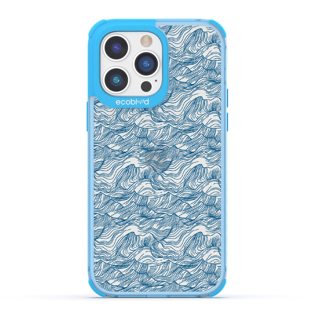 Seas The Day - Blue Eco-Friendly iPhone 14 Pro Max Case With Hand Drawn Waves On A Clear Back