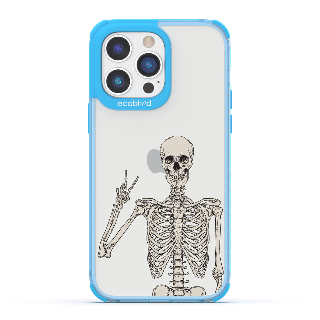 Creepin' It Real - Blue Eco-Friendly iPhone 14 Pro Case With Skeleton Giving A Peace Sign On A Clear Back