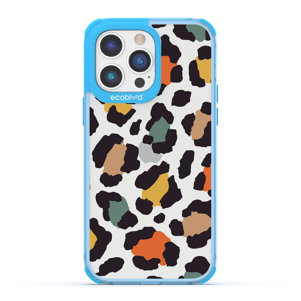 Cheetahlicious - Blue Eco-Friendly iPhone 14 Pro Max Case With Multi-Colored Cheetah Print On A Clear Back