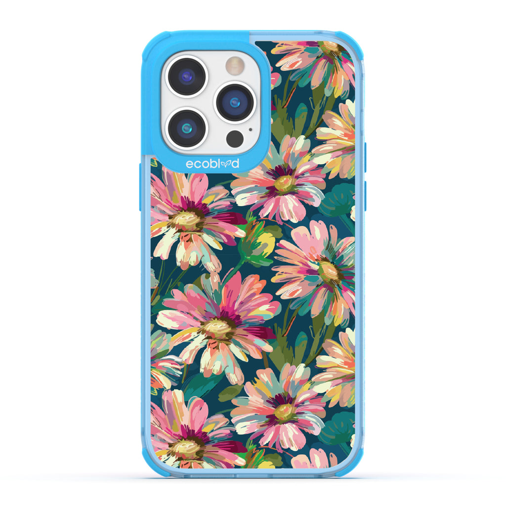iPhone 14 Pro Max case, clear eco-friendly phone case with blue ridges, back view, Daisy Dusk design