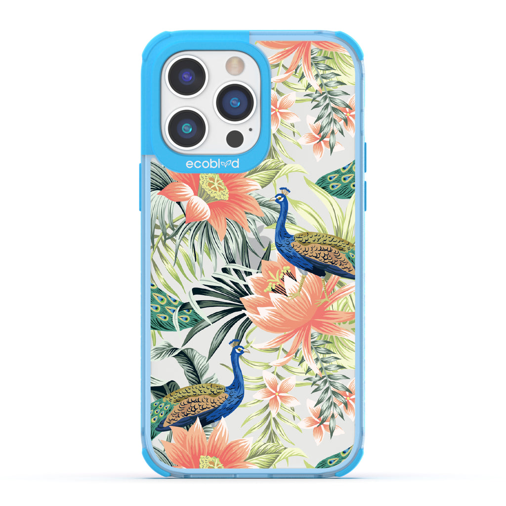 Peacock Palace - Blue Eco-Friendly iPhone 14 Pro Case With Peacocks + Colorful Tropical Fauna On A Clear Back
