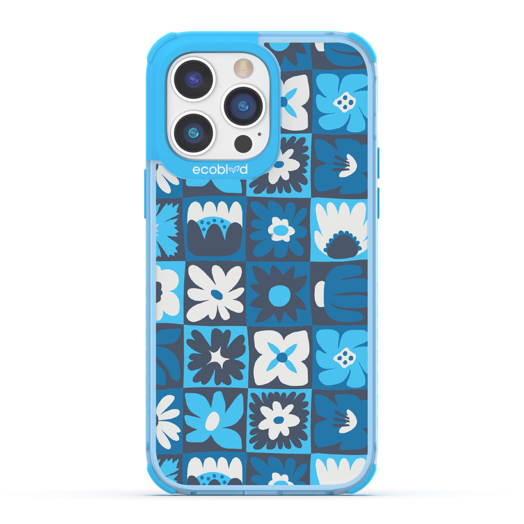 Paradise Blooms - Blue Eco-Friendly iPhone 14 Pro Max Case With Tropical Floral Checker Print On A Clear Back
