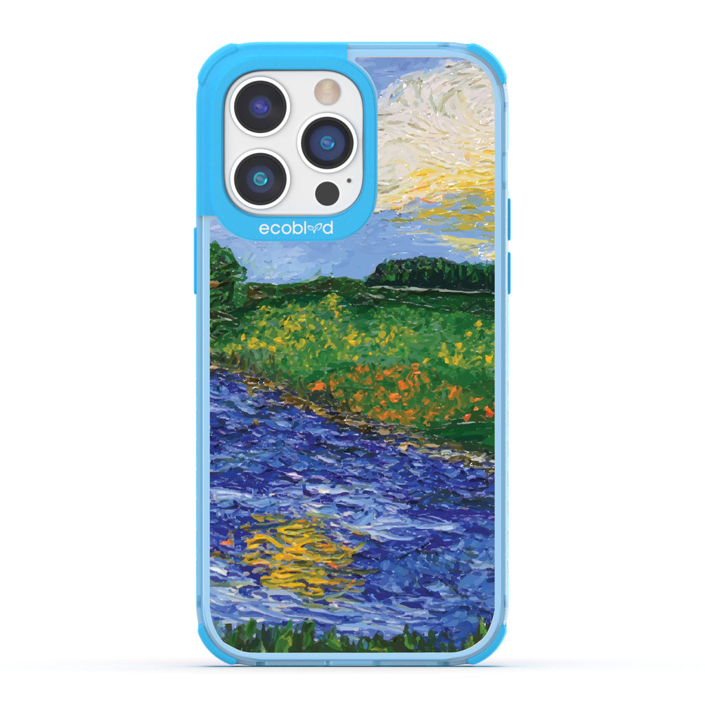 iPhone 14 Pro Max case, clear eco-friendly phone case with blue ridges, back view, Field of Vision design