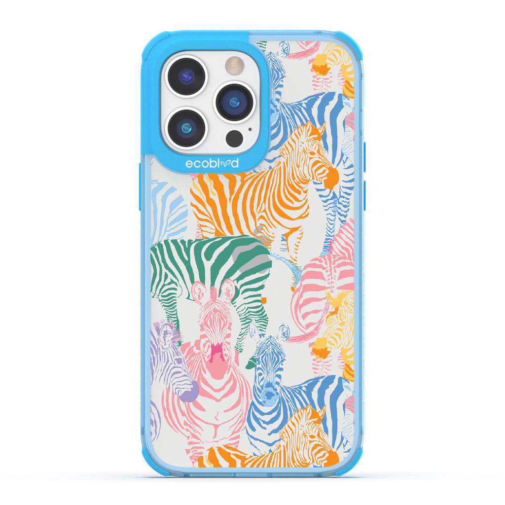 Colorful Herd - Blue Eco-Friendly iPhone 14 Pro Max Case With Zebras in Multiple Colors On A Clear Back