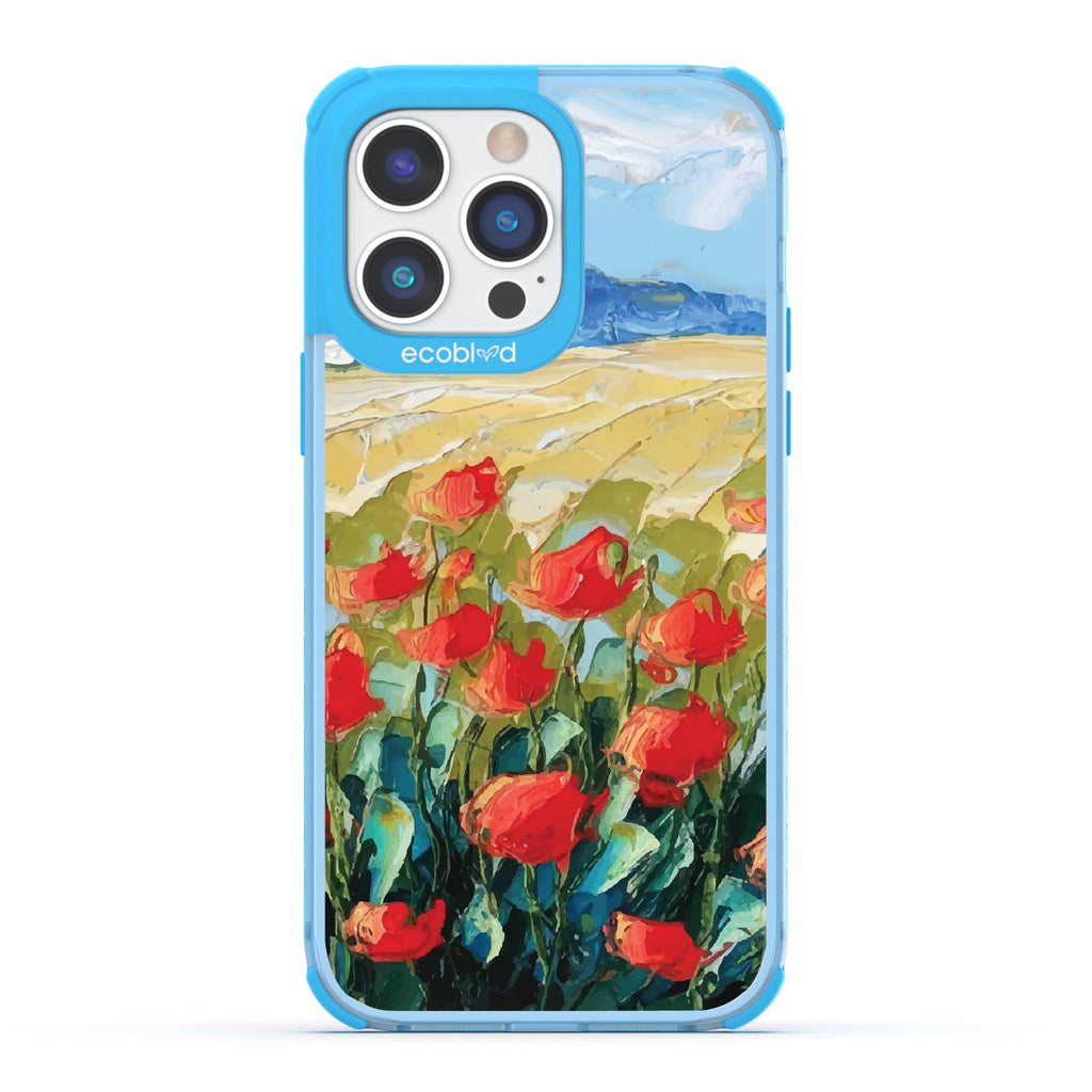 iPhone 14 Pro Max case, clear eco-friendly phone case with blue ridges, back view, Sleepy Bloom design