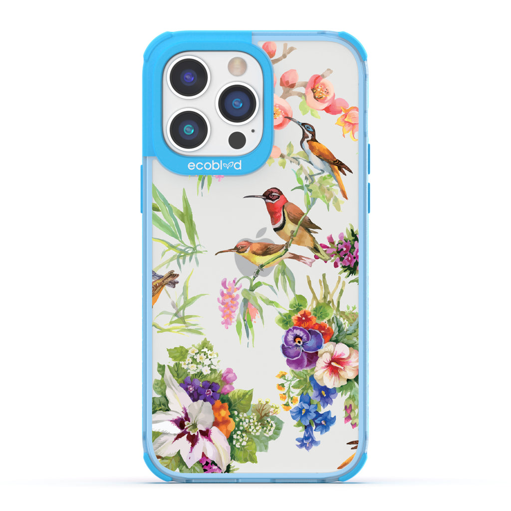Sweet Nectar - Blue Eco-Friendly iPhone 14 Pro Max Case With Humming Birds, Colorful Garden Flowers On A Clear Back