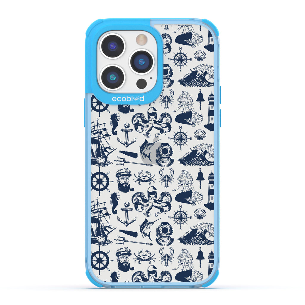 Nautical Tales - Blue Eco-Friendly iPhone 14 Pro Max Case With Sailors, Ships, Waves, Anchors & More On A Clear Back