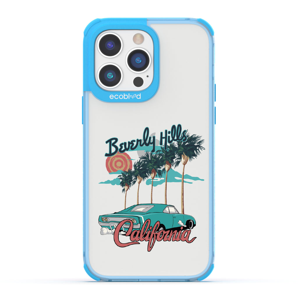 iPhone 14 Pro case, clear eco-friendly phone case with blue ridges, back view, 90210 design