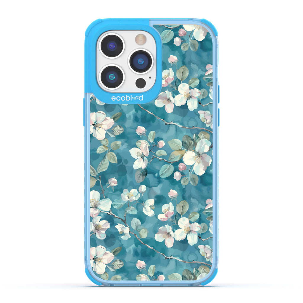 iPhone 14 Pro Max case, clear eco-friendly phone case with blue ridges, back view, Sway & Sprout design