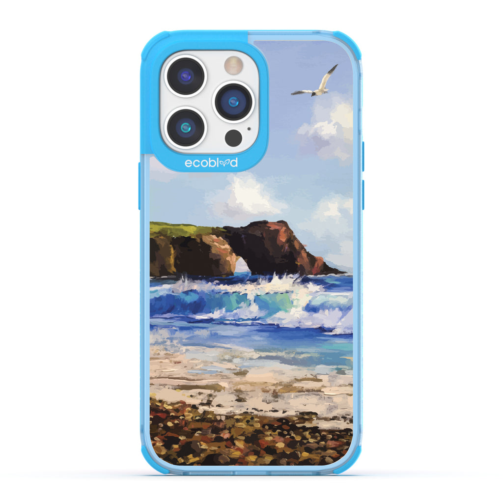 iPhone 14 Pro case, clear eco-friendly phone case with blue ridges, back view, Cliffhanger design