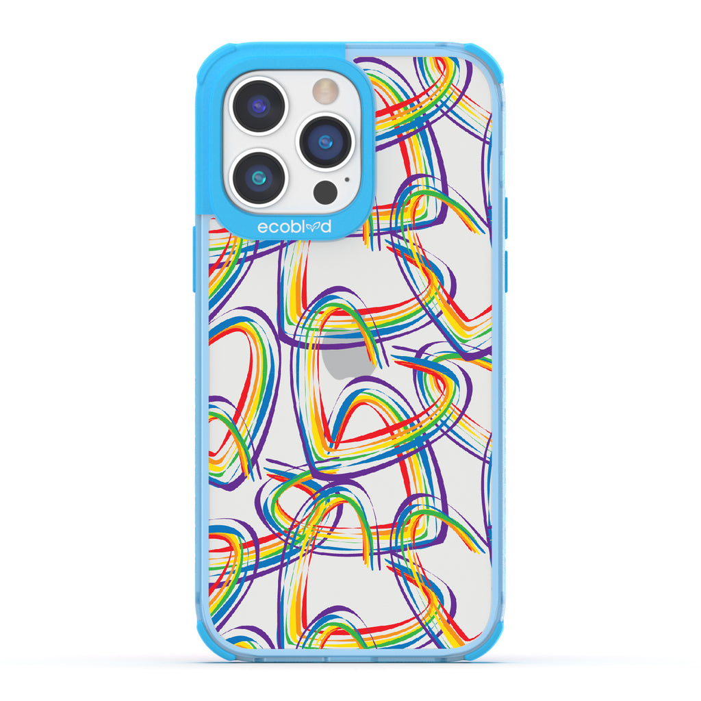 One Love - Blue Eco-Friendly iPhone 14 Pro Case With Brush Stroke Rainbow Hearts On A Clear Back