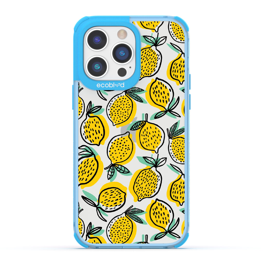 Lemon Drop - Blue Eco-Friendly iPhone 14 Pro Case With Retro Lemon Print On A Clear Back