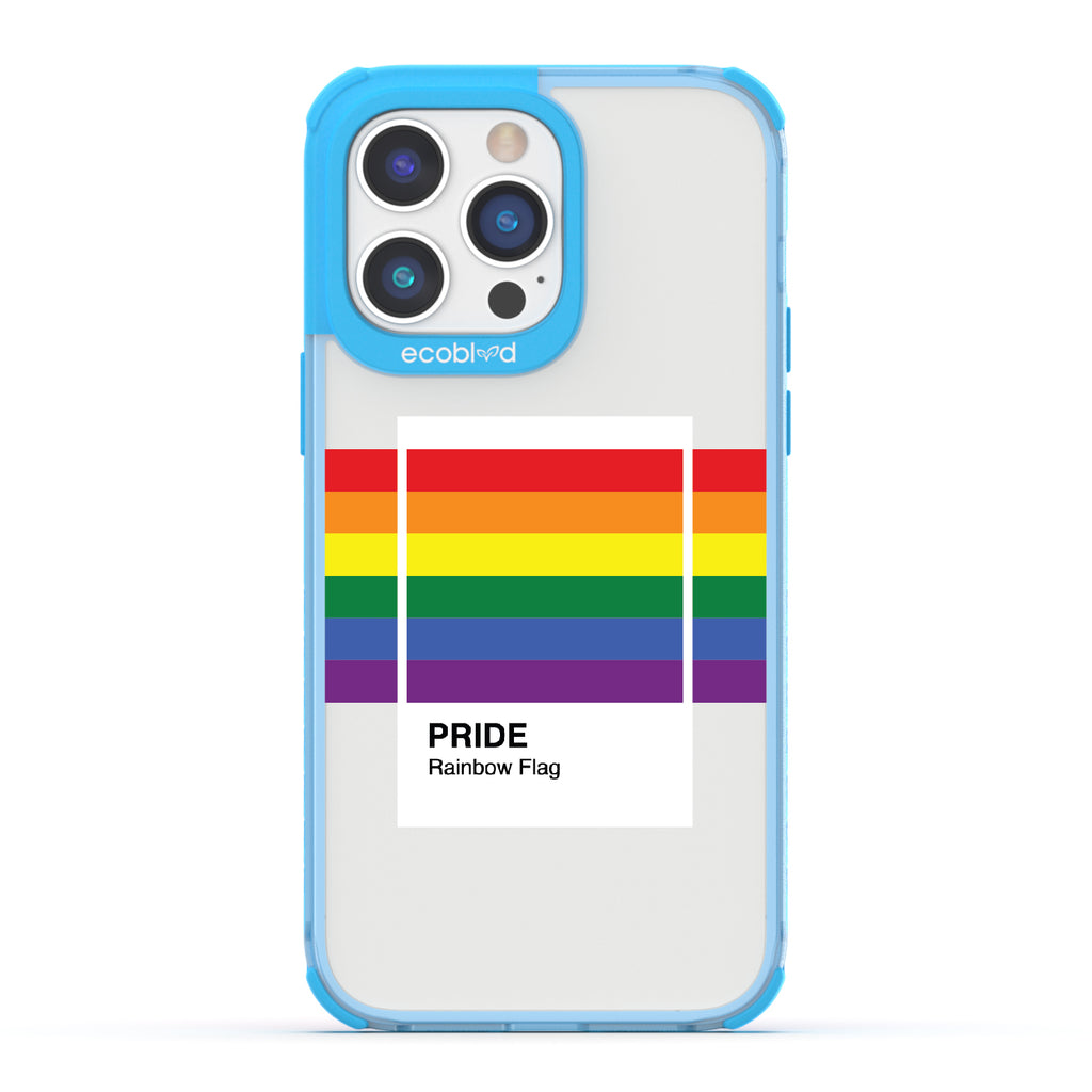 Colors Of Unity - Blue Eco-Friendly iPhone 14 Pro Case With Pride Rainbow Flag As Pantone Swatch On A Clear Back