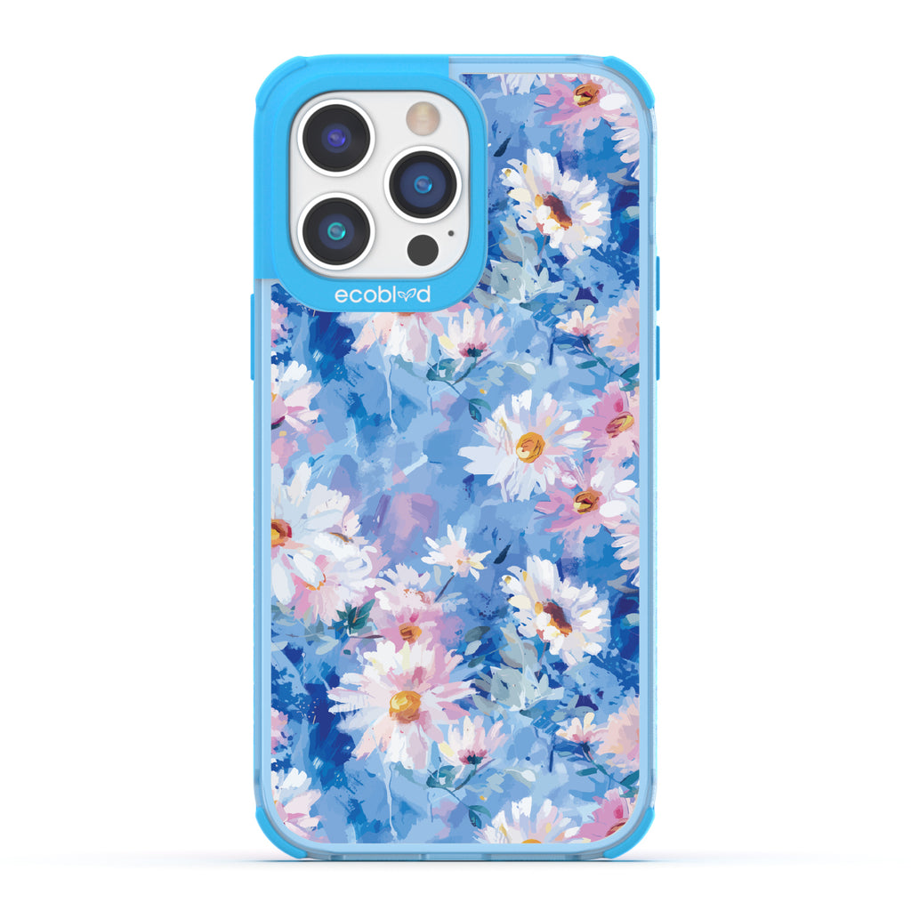 iPhone 14 Pro Max case, clear eco-friendly phone case with blue ridges, back view, Blown Away design