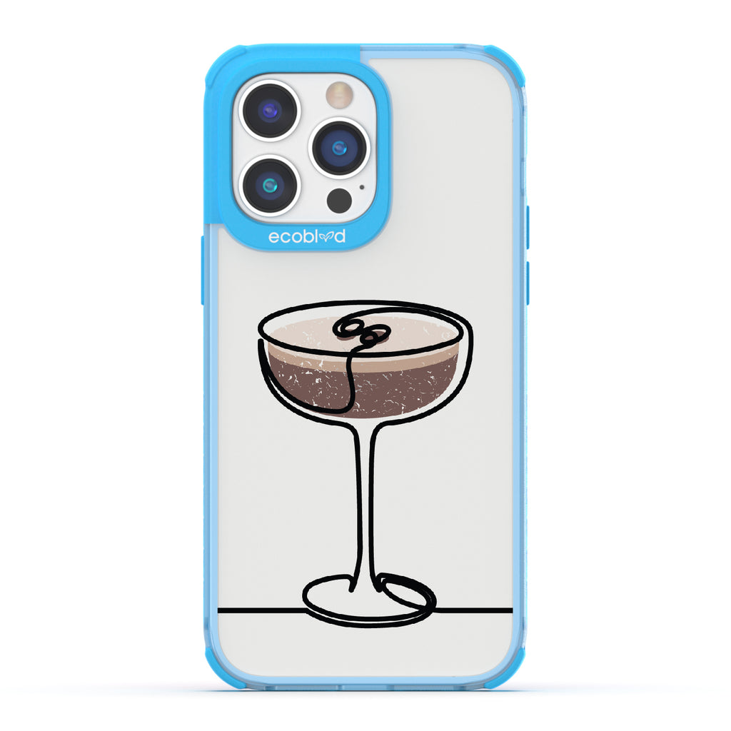 iPhone 14 Pro Max case, clear eco-friendly phone case with blue ridges, back view, Brewtini design