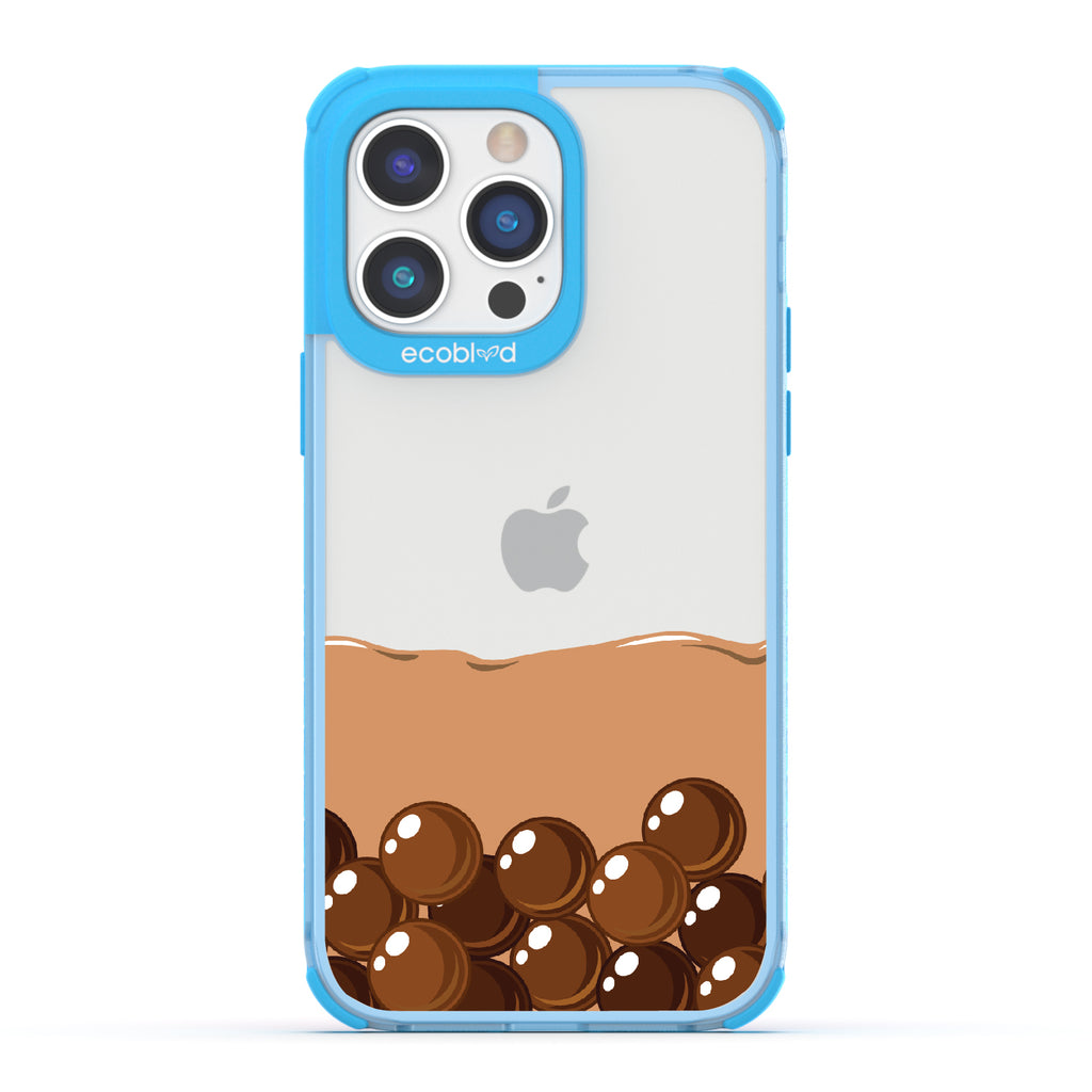 iPhone 14 Pro Max case, clear eco-friendly phone case with blue ridges, back view, Brown Sugar Boba design