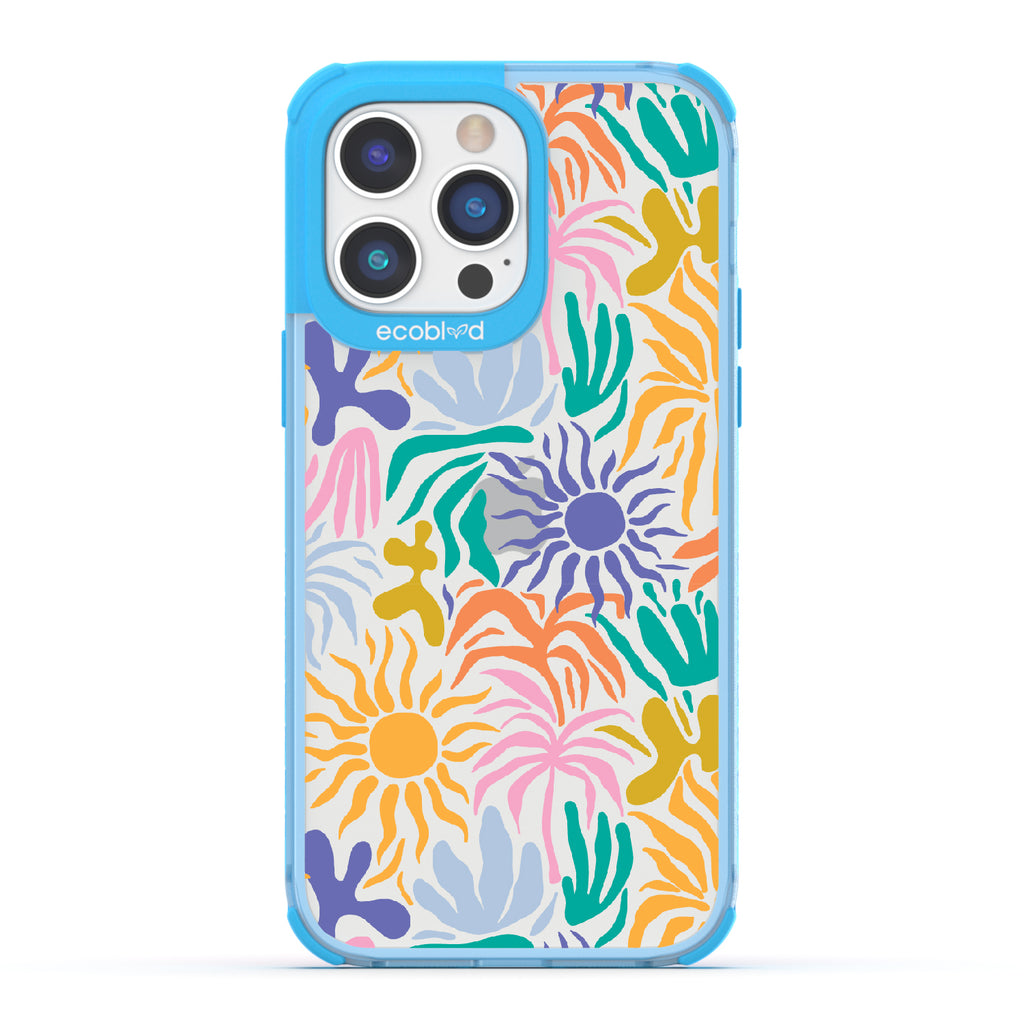 Sun-Kissed - Blue Eco-Friendly iPhone 14 Pro Max Case With Sunflower Print + The Sun As The Flower On A Clear Back