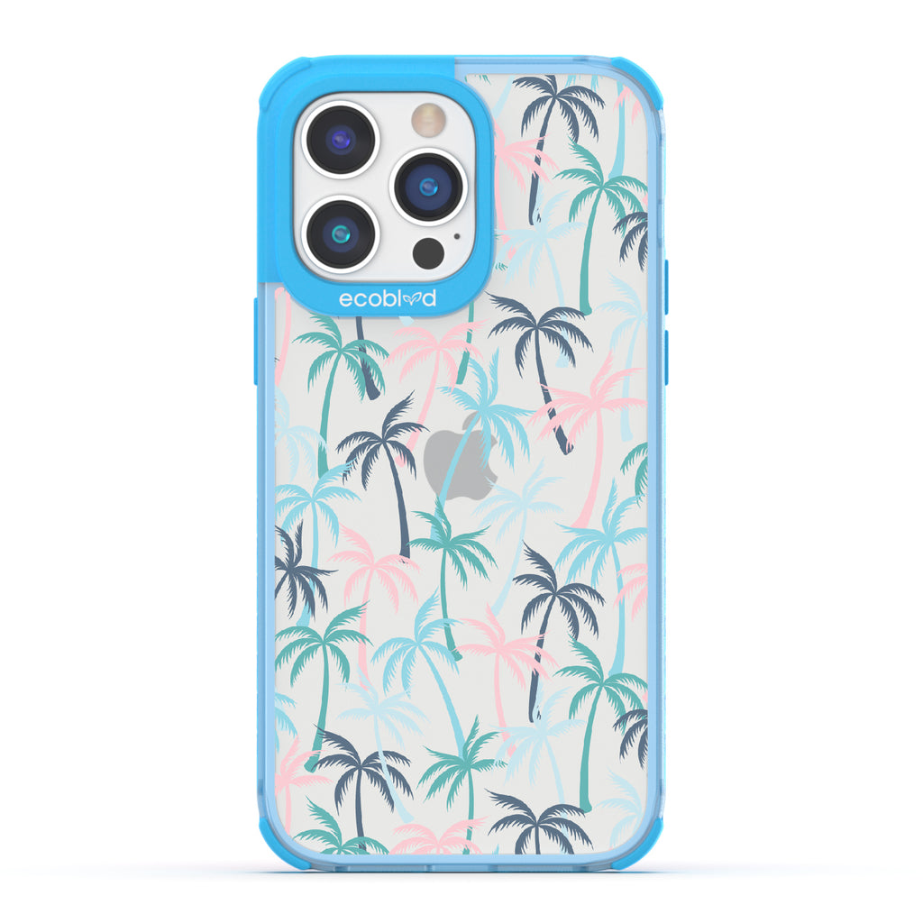 Cruel Summer - Blue Eco-Friendly iPhone 14 Pro Max Case With Hotline Miami Colored Tropical Palm Trees On A Clear Back