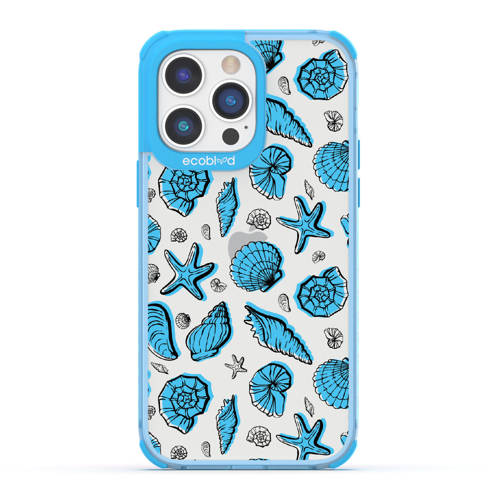 Seashells Seashore - Blue Eco-Friendly iPhone 14 Pro Max Case With Seashells and Starfish On A Clear Back