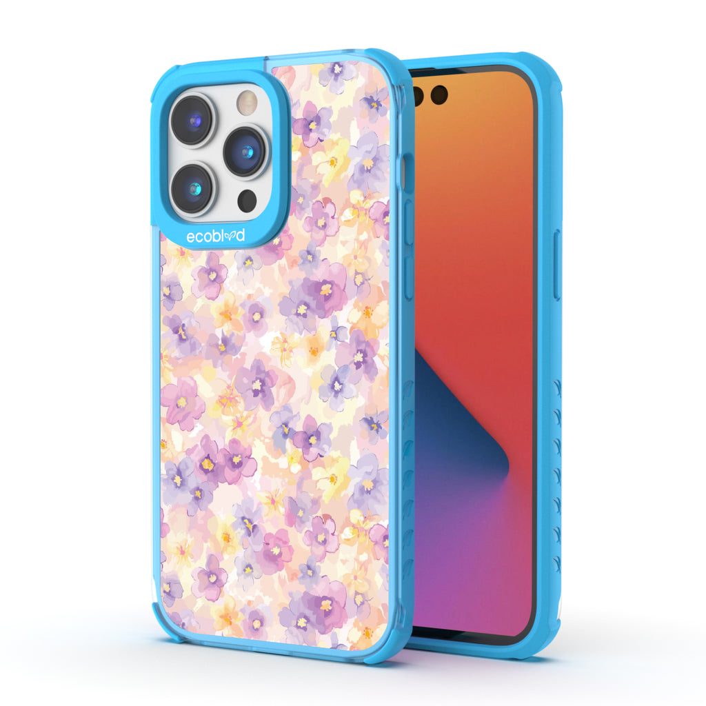 Front and back view of iPhone 14 Pro Max case, clear compostable phone case with blue ridges, Flowering Thoughts design