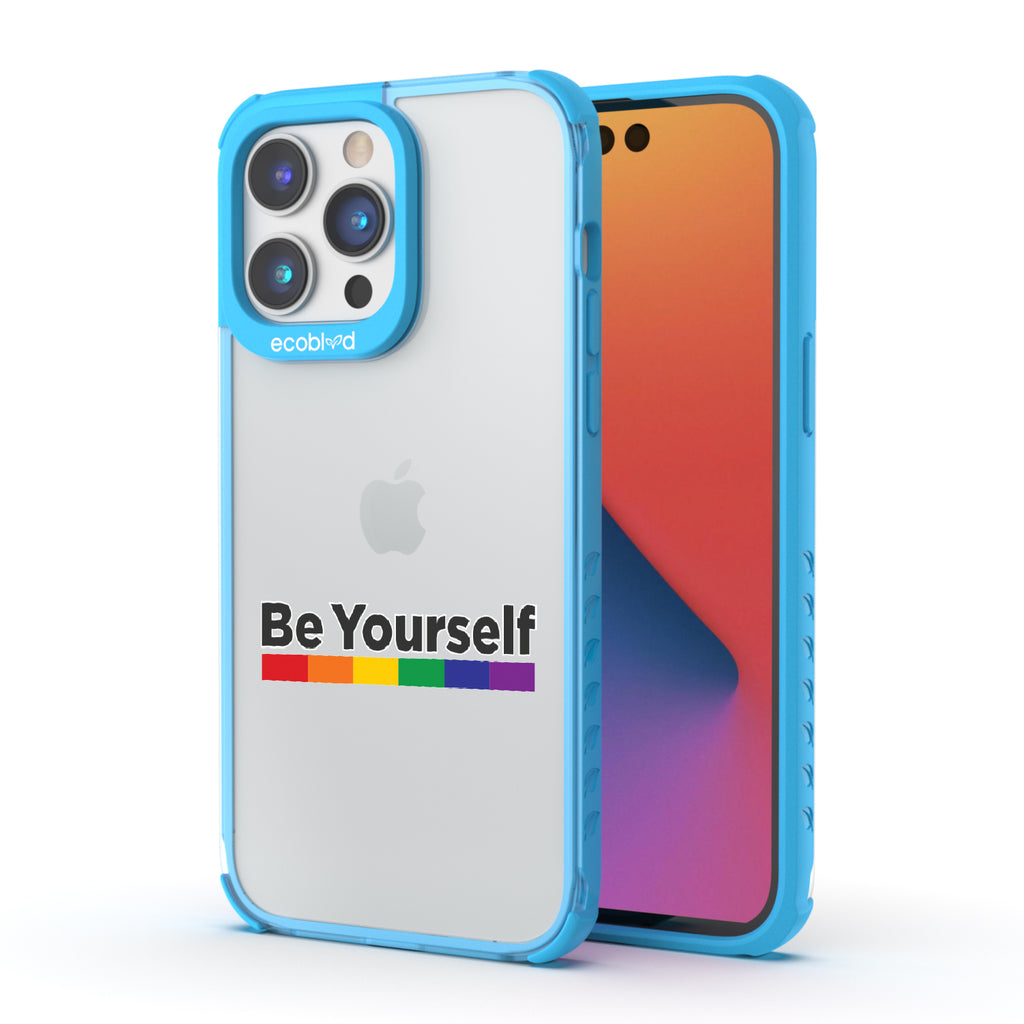Be Yourself - Back View Of Blue & Clear Eco-Friendly iPhone 14 Pro Case & A Front View Of The Screen