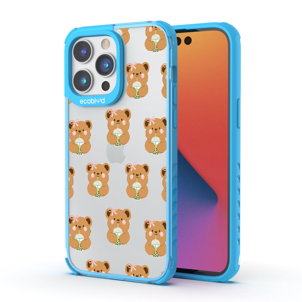 Front and back view of iPhone 14 Pro Max case, clear compostable phone case with blue ridges, Bear-ista Approved design