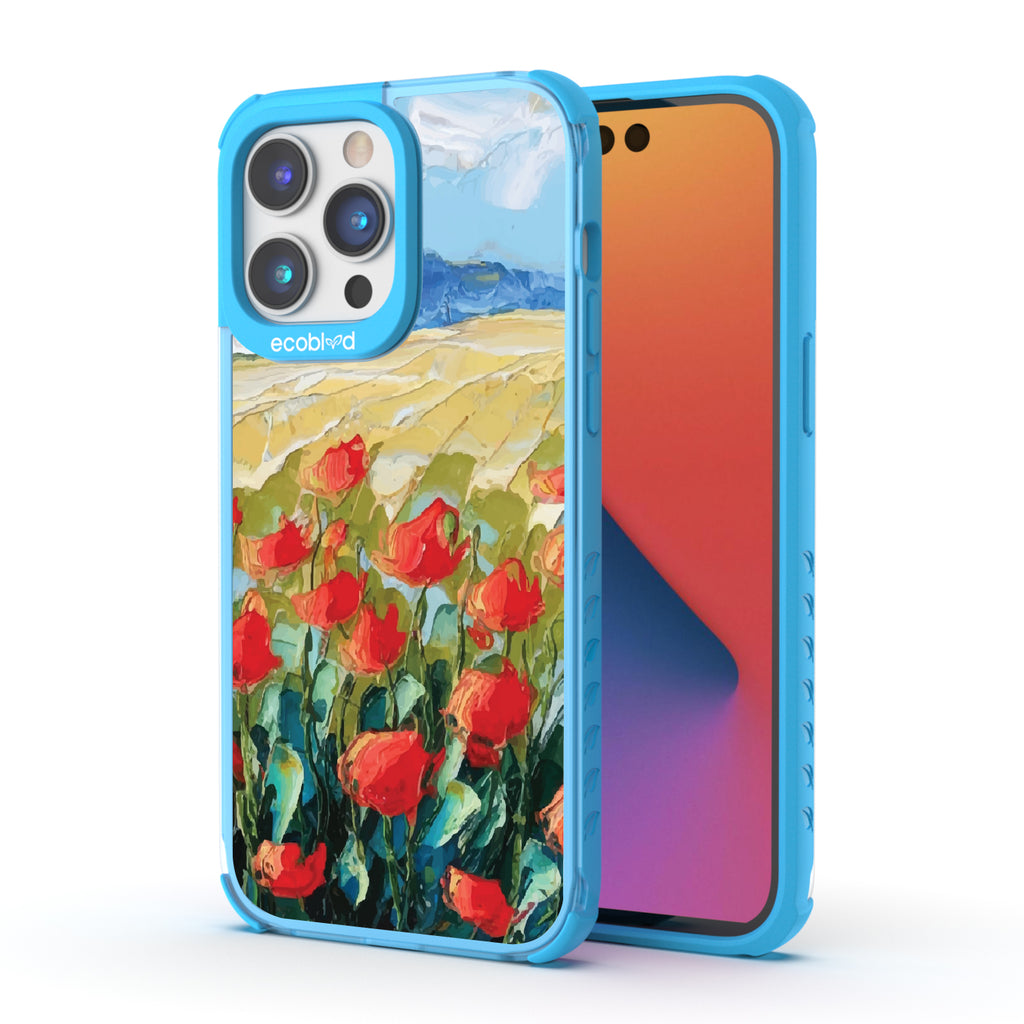 Front and back view of iPhone 14 Pro Max case, clear compostable phone case with blue ridges, Sleepy Bloom design