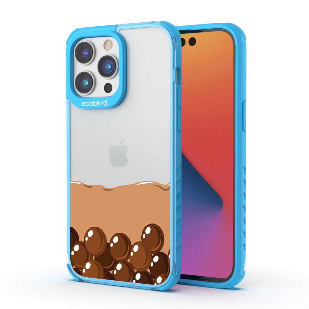 Front and back view of iPhone 14 Pro Max case, clear compostable phone case with blue ridges, Brown Sugar Boba design
