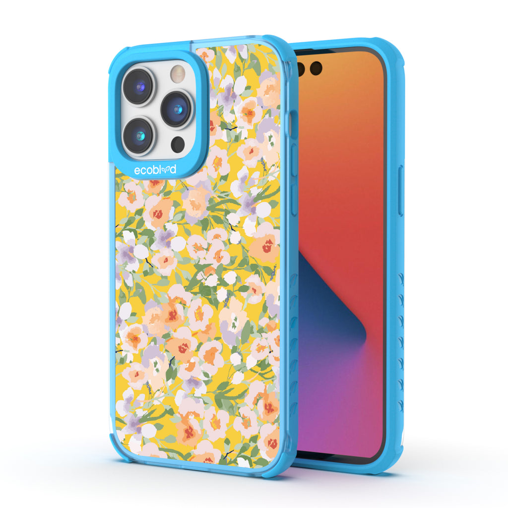 Front and back view of iPhone 14 Pro Max case, clear compostable phone case with blue ridges, Flourish & Shine design