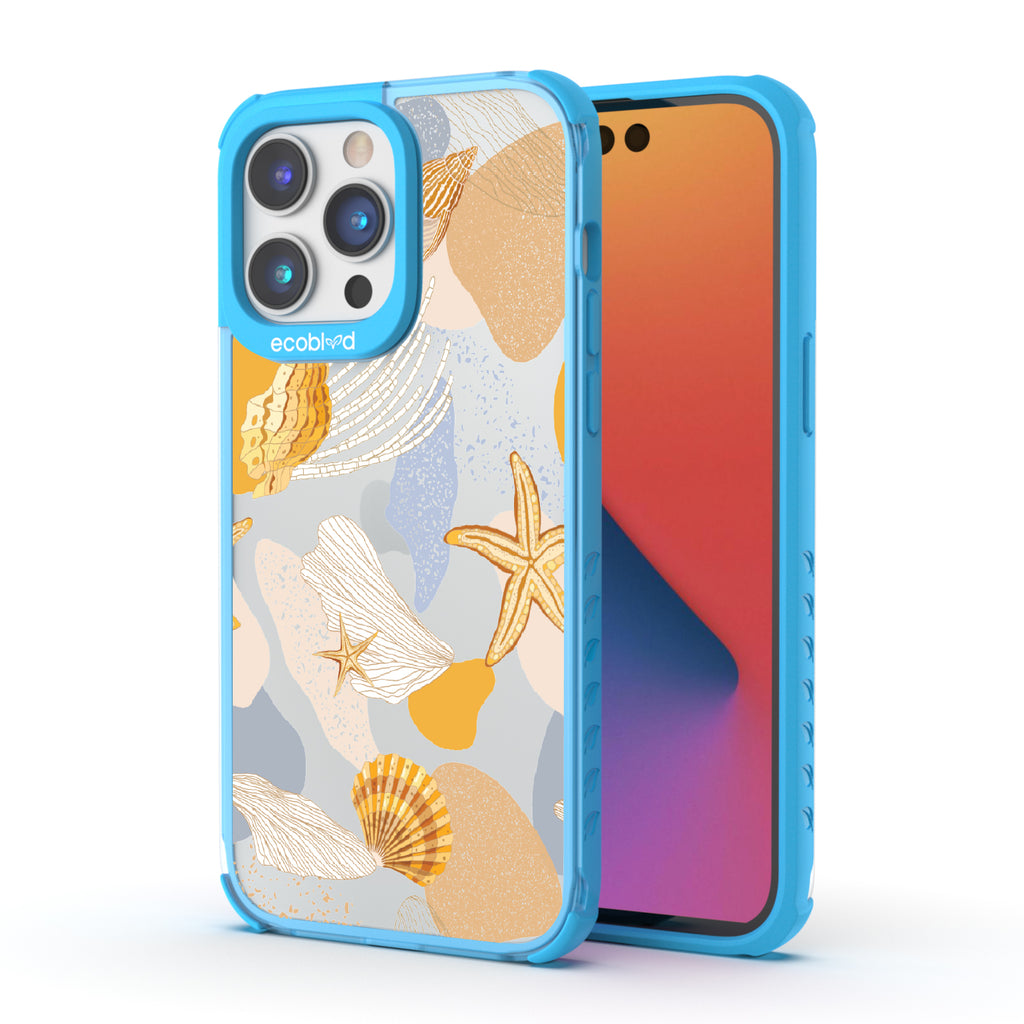 Front and back view of iPhone 14 Pro Max case, clear compostable phone case with blue ridges, Coastal Treasures design
