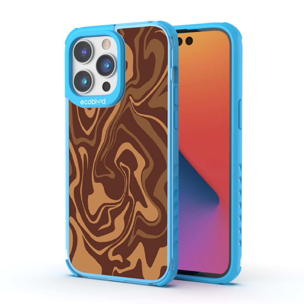 Front and back view of iPhone 14 Pro Max case, clear compostable phone case with blue ridges, Stirred & Swirled design