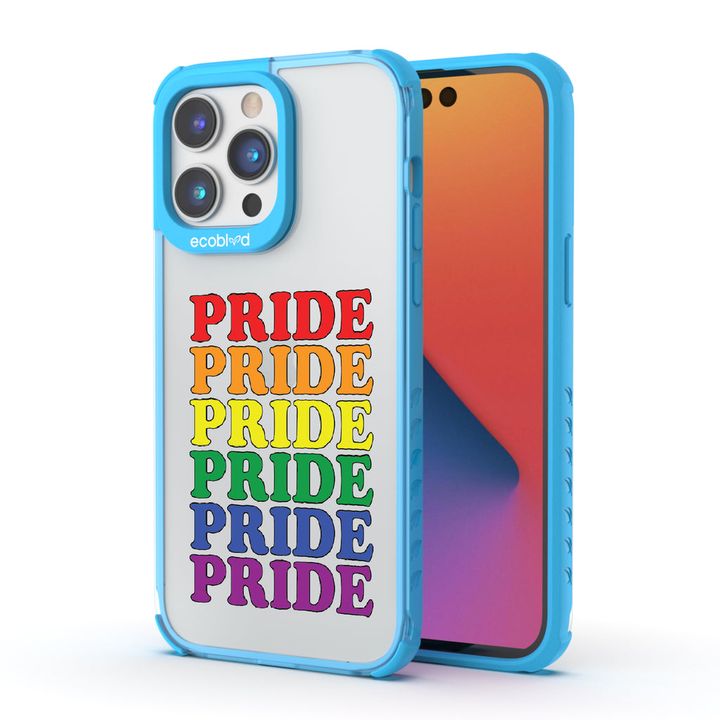 Pride Camp - Back View Of Blue & Clear Eco-Friendly iPhone 14 Pro Case & A Front View Of The Screen