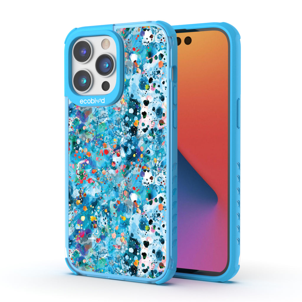 Front and back view of iPhone 14 Pro Max case, clear compostable phone case with blue ridges, Brushed By The Tide design