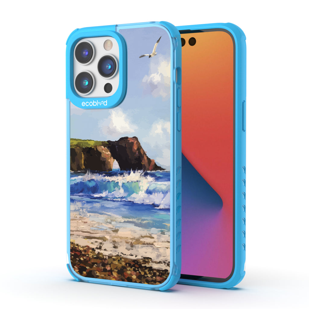 Front and back view of iPhone 14 Pro Max case, clear compostable phone case with blue ridges, Cliffhanger design