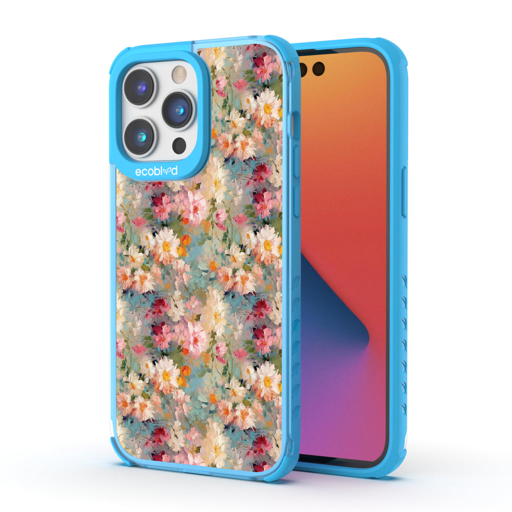 Front and back view of iPhone 14 Pro Max case, clear compostable phone case with blue ridges, Perennial design