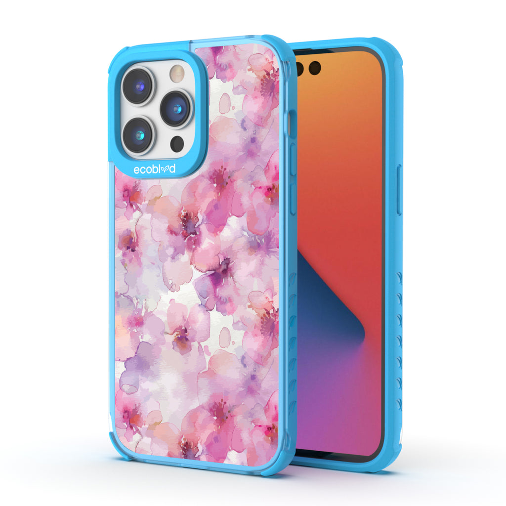 Front and back view of iPhone 14 Pro Max case, clear compostable phone case with blue ridges, Rosewater design