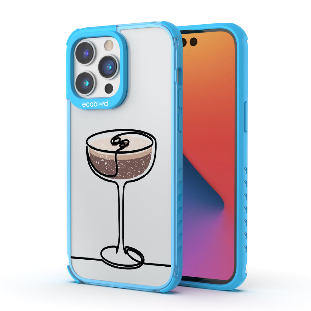 Front and back view of iPhone 14 Pro Max case, clear compostable phone case with blue ridges, Brewtini design