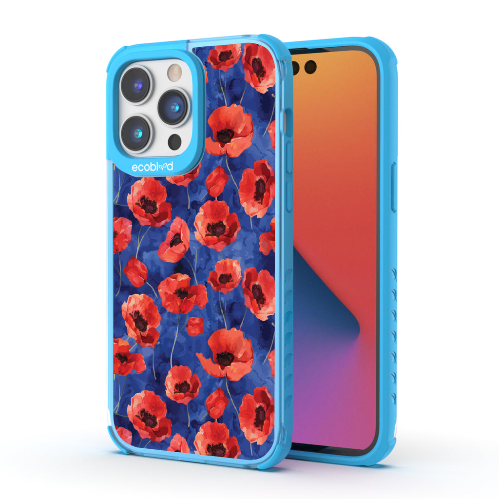 Front and back view of iPhone 14 Pro case, clear compostable phone case with blue ridges, Dream Bouquet design