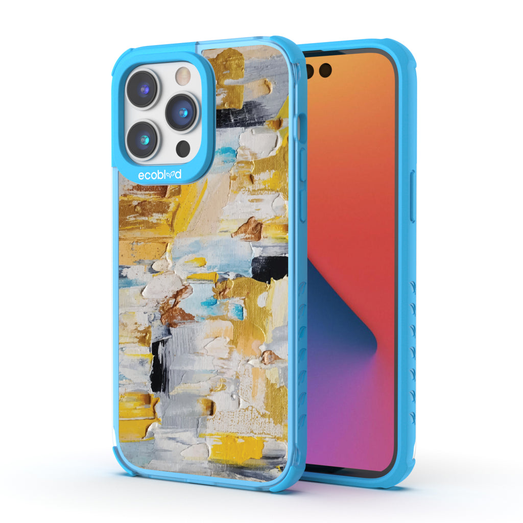 Front and back view of iPhone 14 Pro Max case, clear compostable phone case with blue ridges, Lighten Up design
