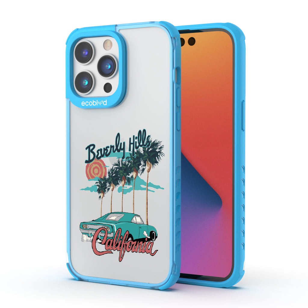 Front and back view of iPhone 14 Plro case, clear compostable phone case with blue ridges, 90210 design