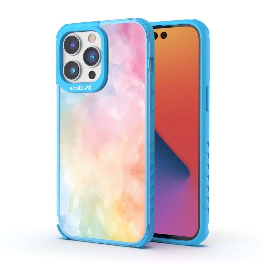 Front and back view of iPhone 14 Pro Max case, clear compostable phone case with  blue ridges, Painted Skies design