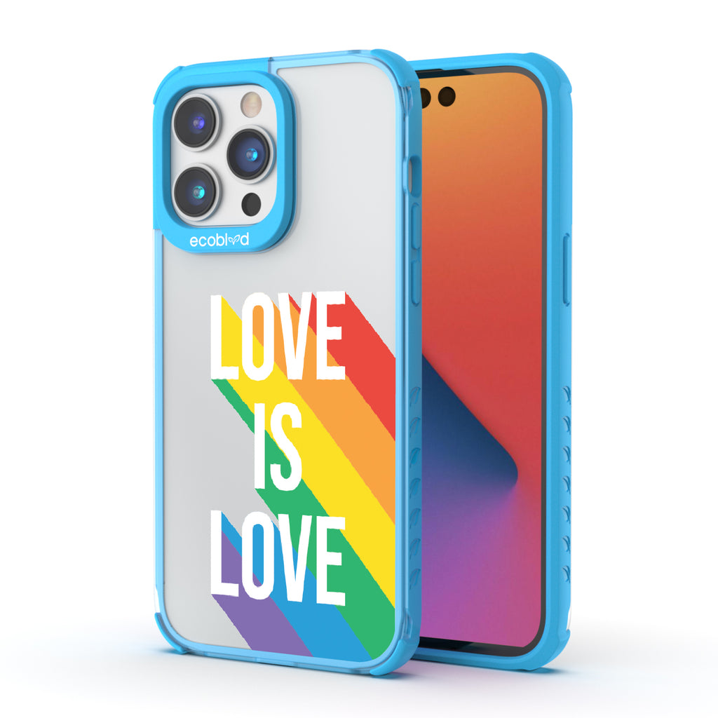 Spectrum Of Love - Back View Of Blue & Clear Eco-Friendly iPhone 14 Pro Case & A Front View Of The Screen