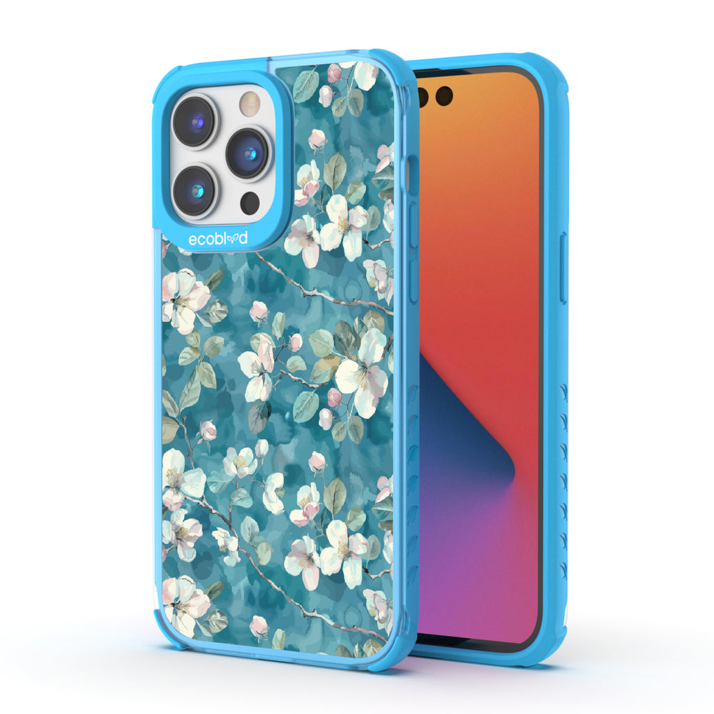Front and back view of iPhone 14 Pro case, clear compostable phone case with blue ridges, Sway & Sprout design