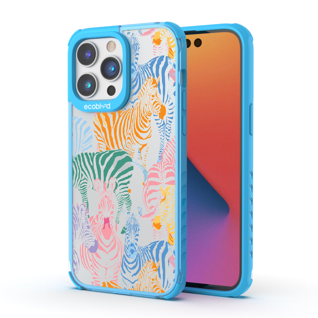 Colorful Herd - Back View Of Blue & Clear Eco-Friendly iPhone 14 Pro Max Case & A Front View Of The Screen