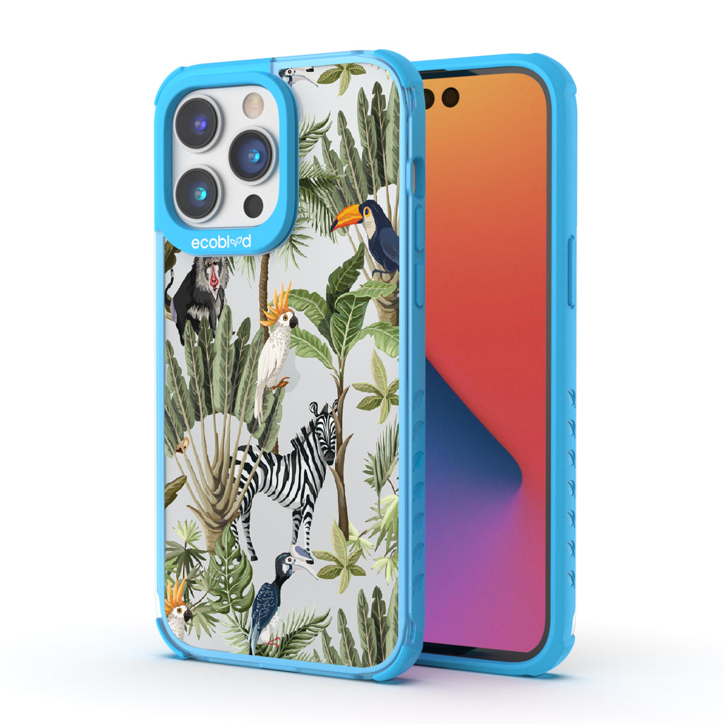 Toucan Play That Game - Back View Of Blue & Clear Eco-Friendly iPhone 14 Pro Case & A Front View Of The Screen