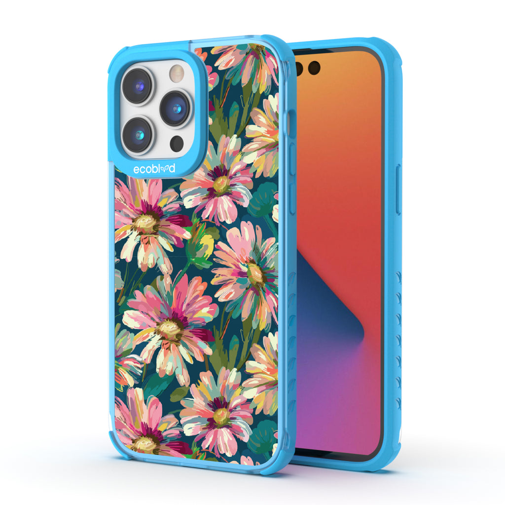 Front and back view of iPhone 14 Pro Max case, clear compostable phone case with blue ridges, Daisy Dusk design
